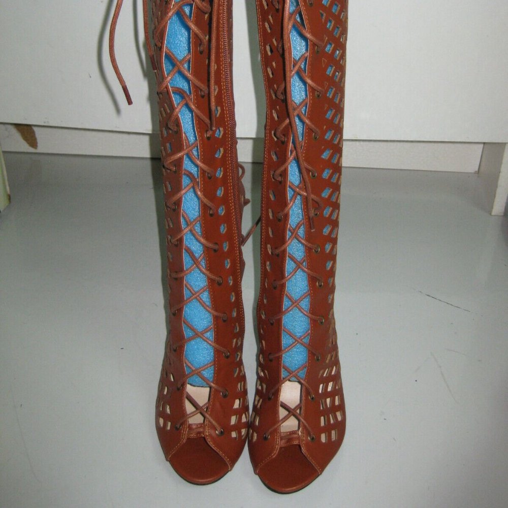 Chase & Chloe Alanis-2 Tan Knee High Lace Up Corset Front-Back Boots Size 8 NIB